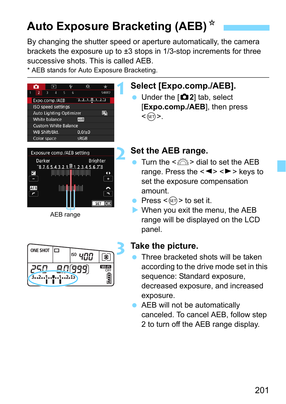 Auto exposure bracketing (aeb), P.201, Eb range (p.201) | Nge (p.201), In-progress (p.201, Auto exposure bracketing (aeb) n | Canon EOS 80D User Manual | Page 201 / 526