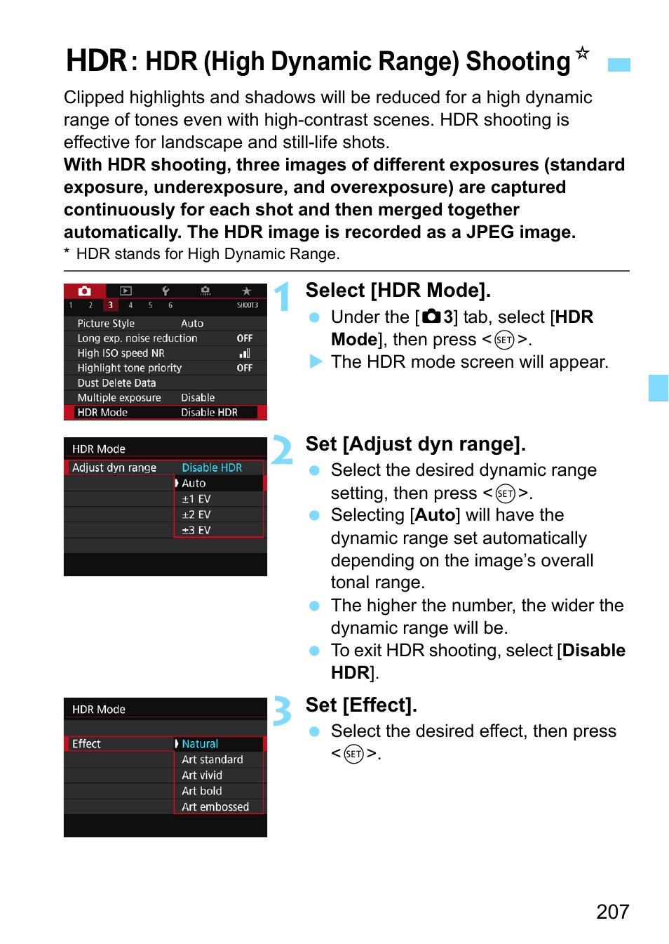Hdr (high dynamic range) shooting, W: hdr (high dynamic range) shooting n | Canon EOS 80D User Manual | Page 207 / 526
