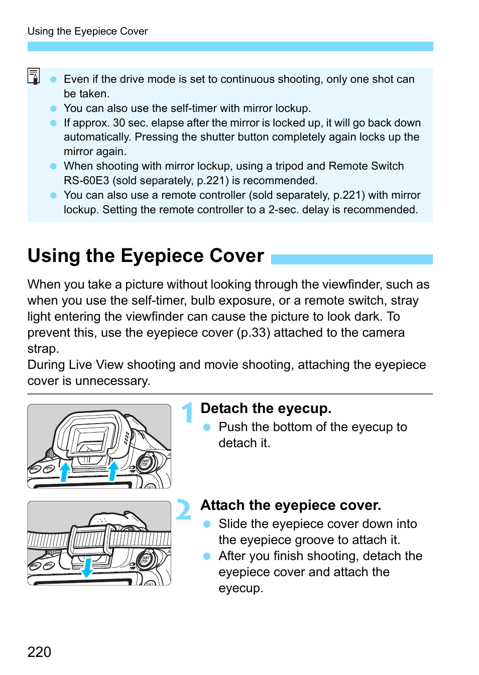 Using the eyepiece cover | Canon EOS 80D User Manual | Page 220 / 526