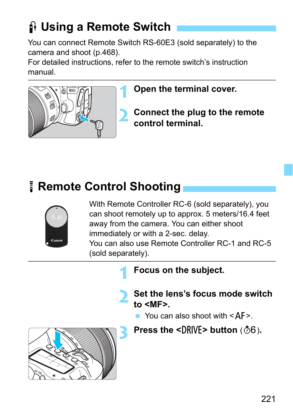 Using a remote switch, Remote control shooting, Rminal (p.221) | P.221) | Canon EOS 80D User Manual | Page 221 / 526