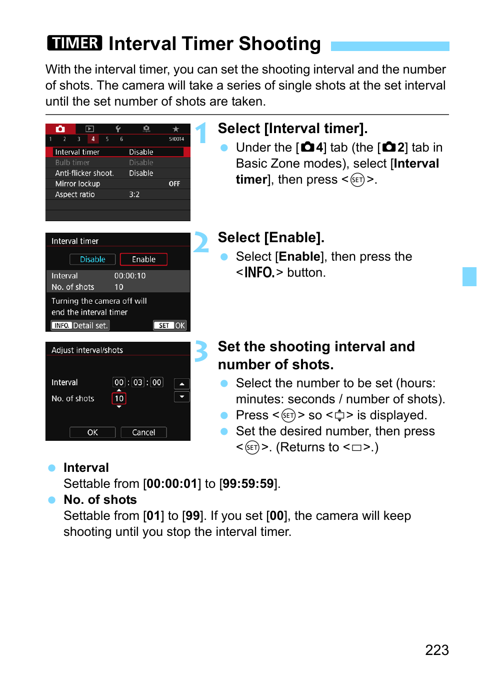 Interval timer shooting, Timer shooting (p.223), Pinterval timer shooting | Canon EOS 80D User Manual | Page 223 / 526