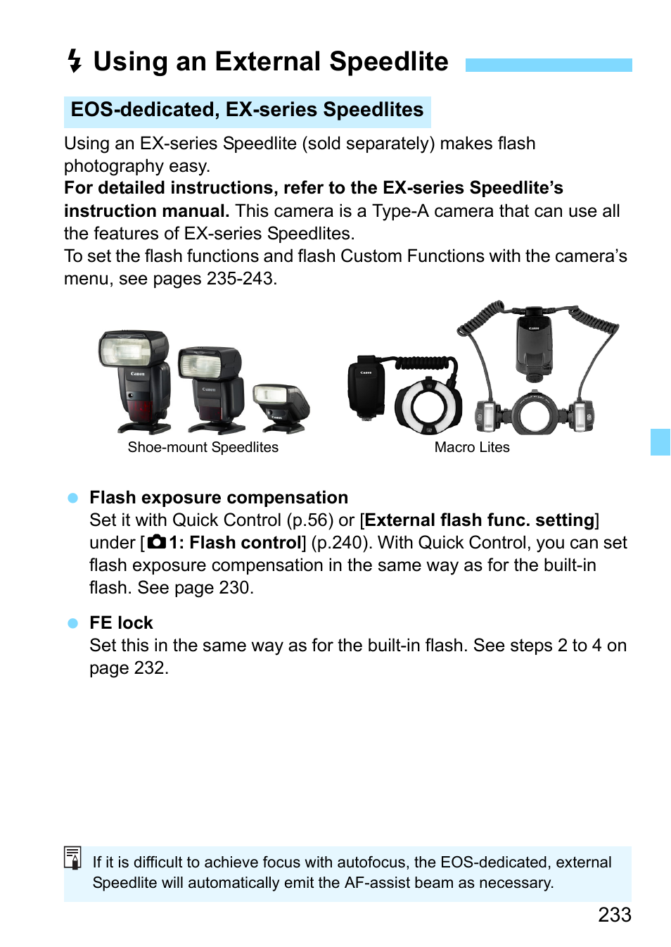 Using an external speedlite, P.233, P.233) | Dusing an external speedlite | Canon EOS 80D User Manual | Page 233 / 526