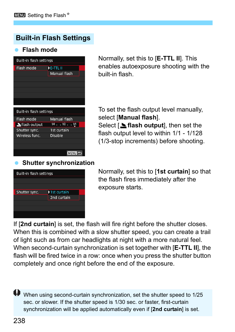 Built-in flash settings | Canon EOS 80D User Manual | Page 238 / 526