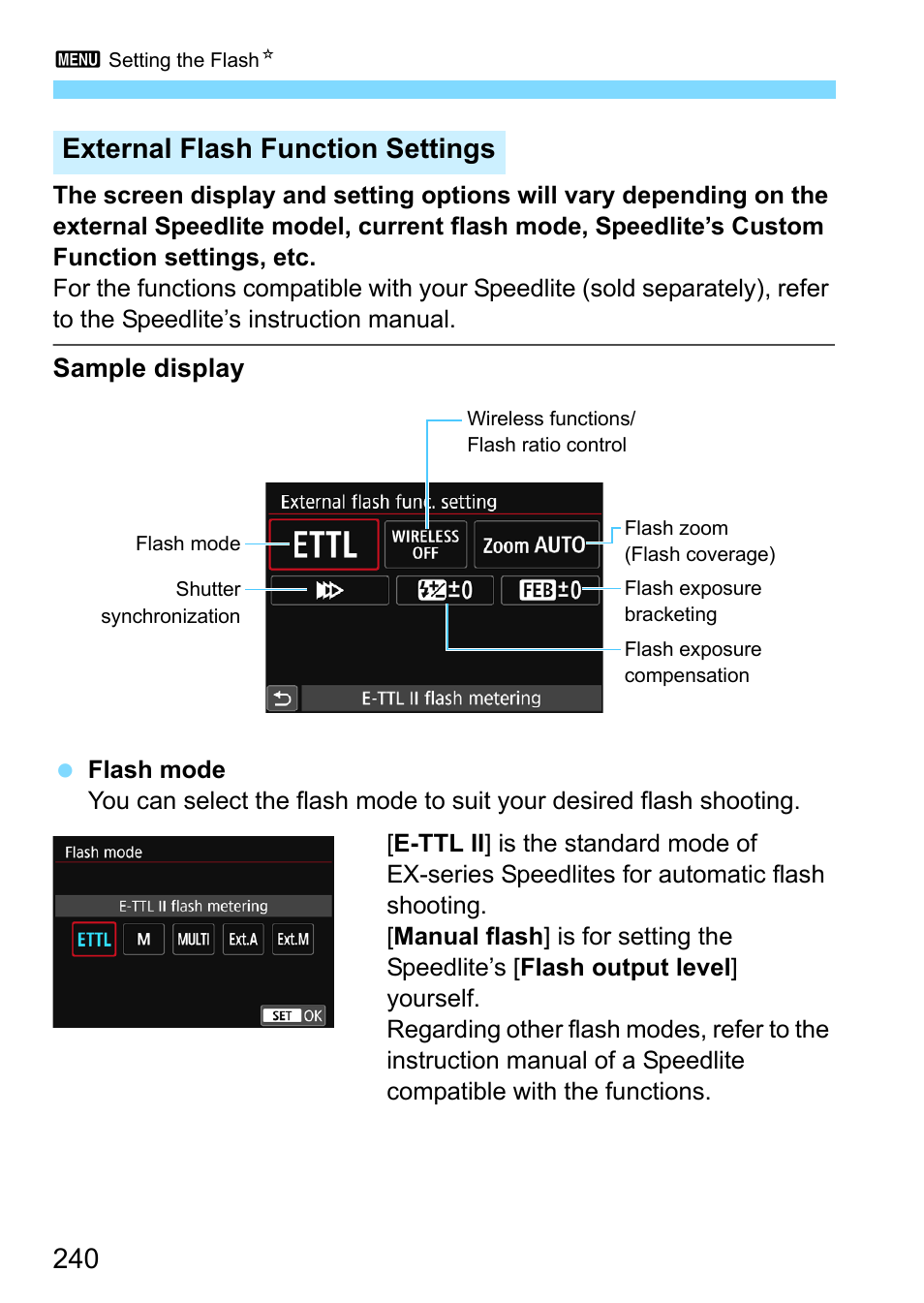 P.240), External flash function settings, Sample display | Canon EOS 80D User Manual | Page 240 / 526