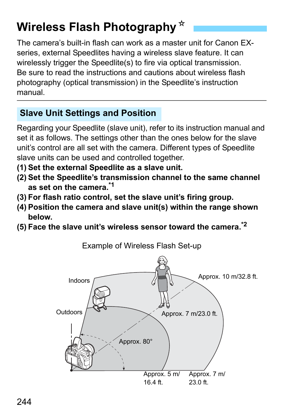 Wireless flash photography, P.244, Wireless flash photography n | Slave unit settings and position | Canon EOS 80D User Manual | Page 244 / 526