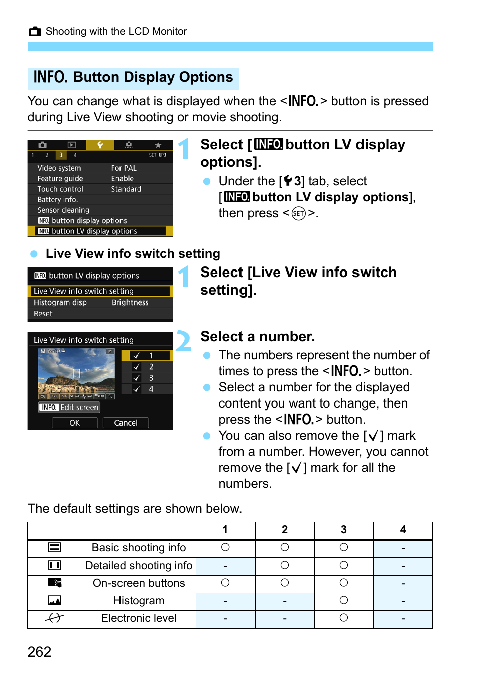 Select [ z button lv display options, Select [live view info switch setting, Select a number | Bbutton display options | Canon EOS 80D User Manual | Page 262 / 526