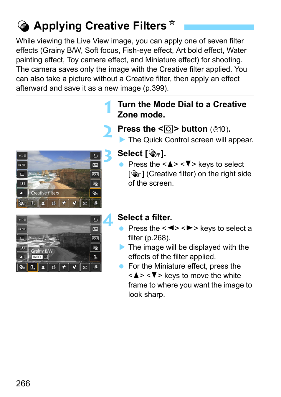 Applying creative filters, P.266, Uapplying creative filters n | Canon EOS 80D User Manual | Page 266 / 526