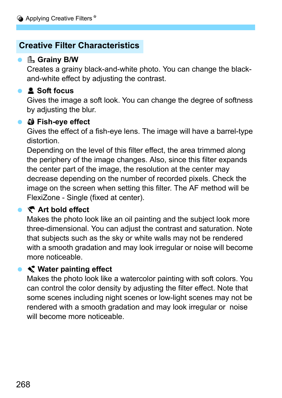 Creative filter characteristics | Canon EOS 80D User Manual | Page 268 / 526