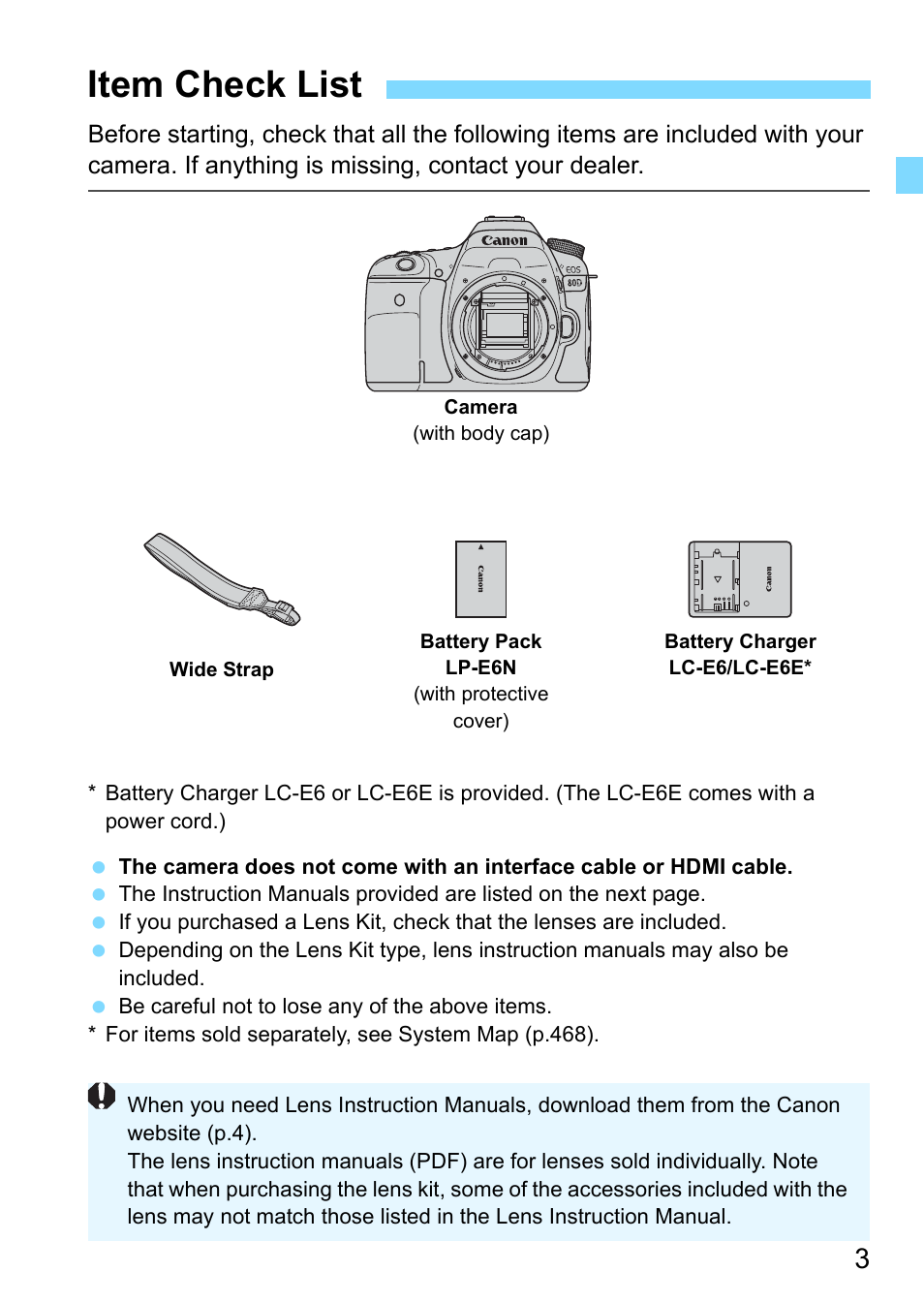 Item check list | Canon EOS 80D User Manual | Page 3 / 526