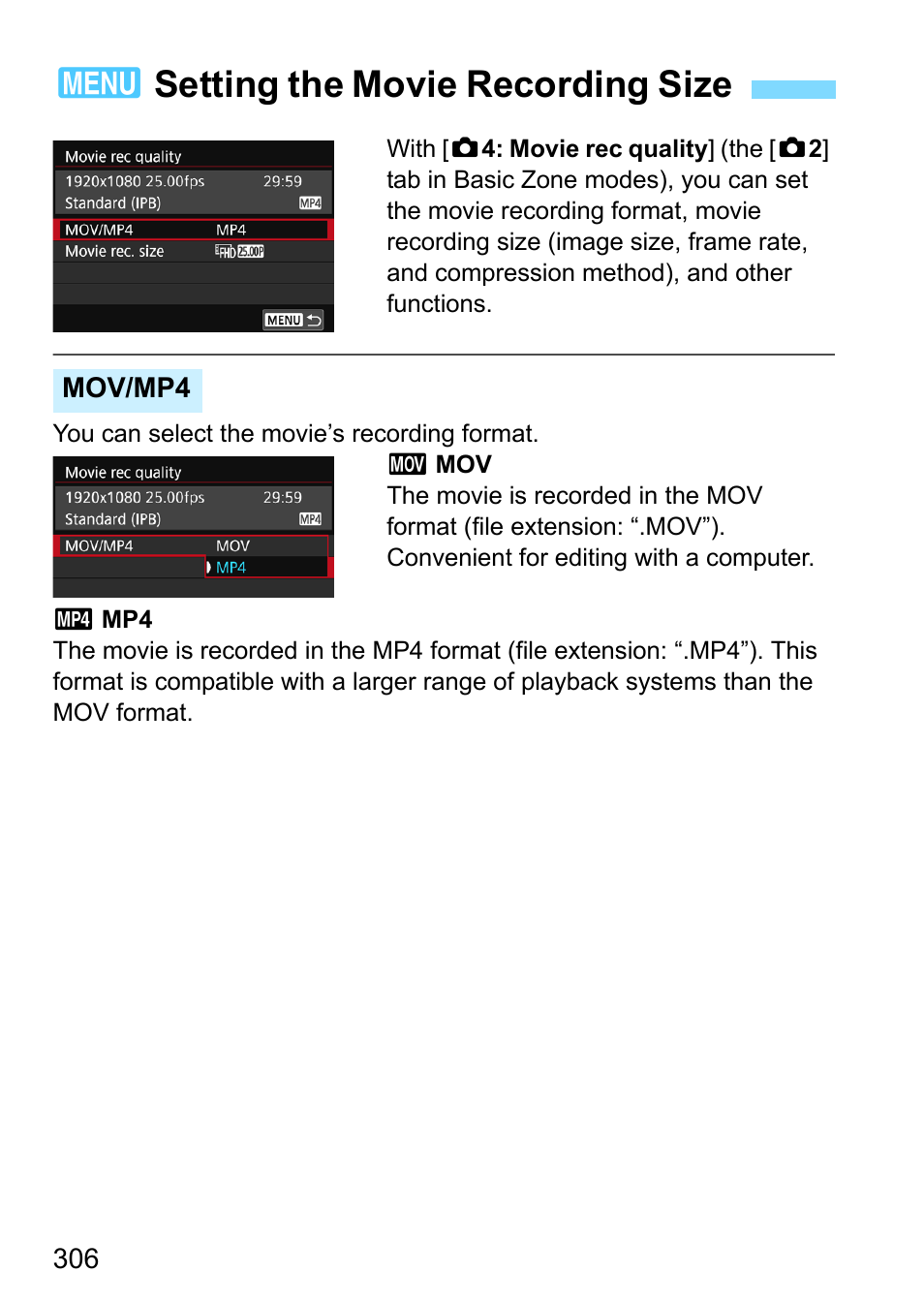 Setting the movie recording size, P.306, 3setting the movie recording size | Canon EOS 80D User Manual | Page 306 / 526