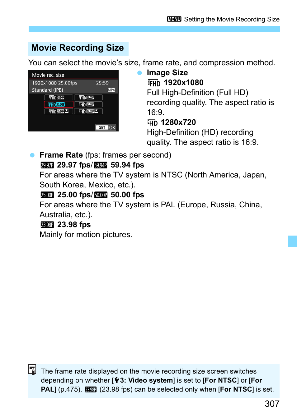Movie recording size | Canon EOS 80D User Manual | Page 307 / 526