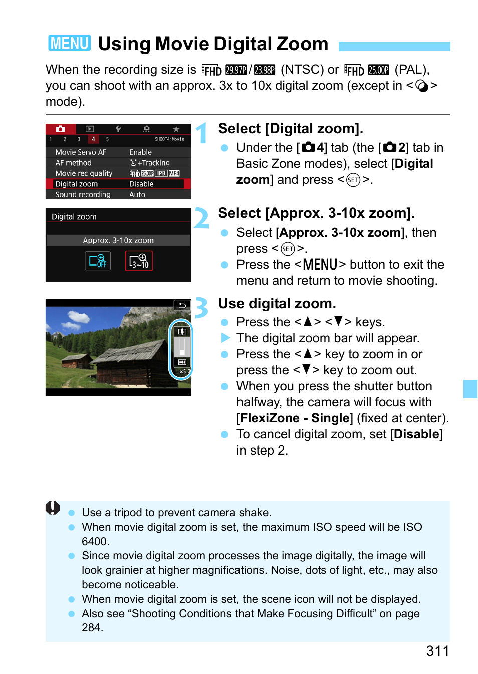 Using movie digital zoom, P.311, 3using movie digital zoom | Canon EOS 80D User Manual | Page 311 / 526