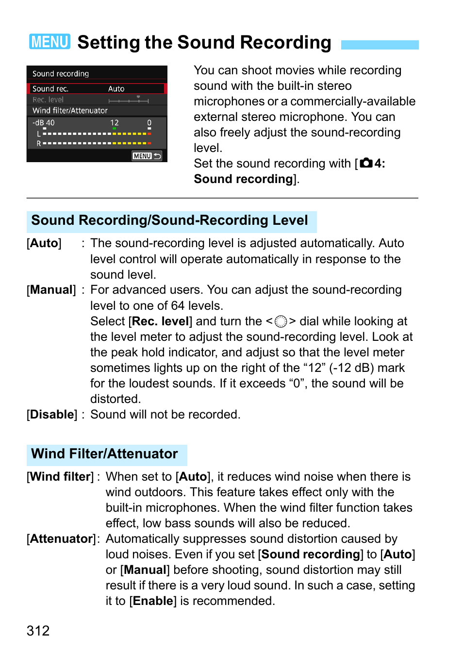 Setting the sound recording, P.312, 3setting the sound recording | Canon EOS 80D User Manual | Page 312 / 526