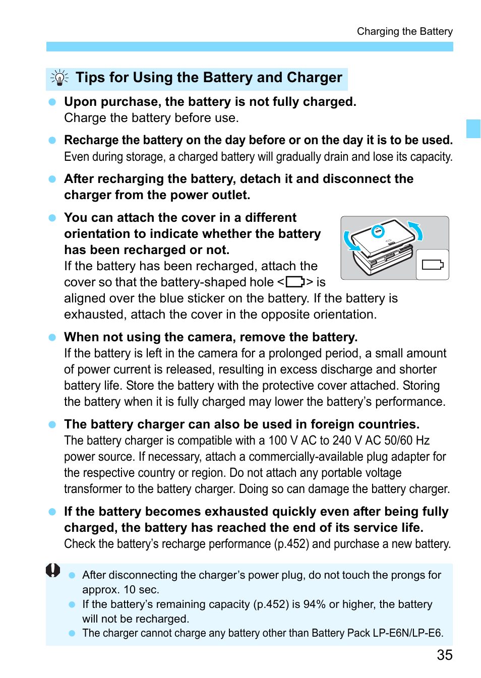 Tips for using the battery and charger | Canon EOS 80D User Manual | Page 35 / 526