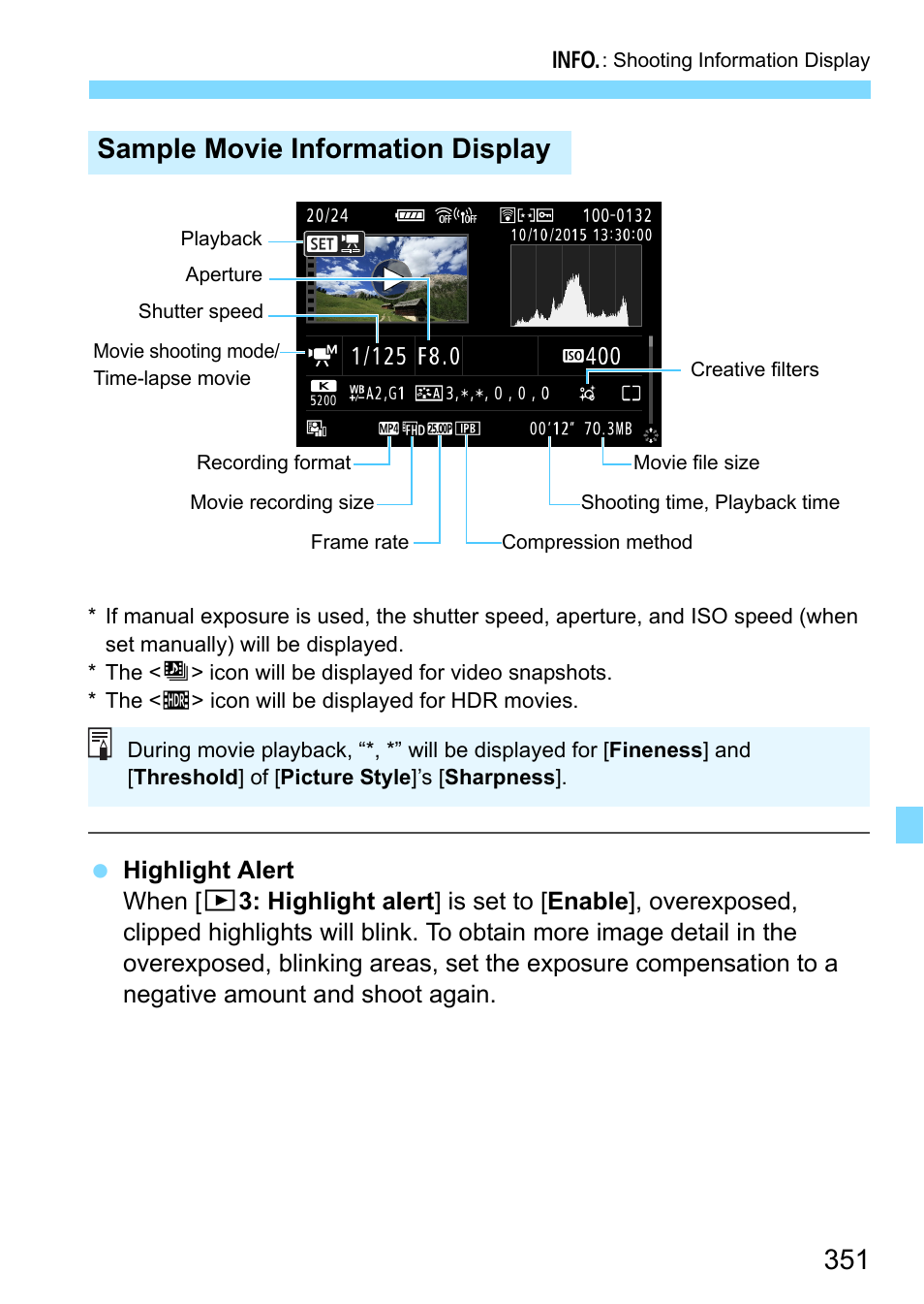 Sample movie information display | Canon EOS 80D User Manual | Page 351 / 526