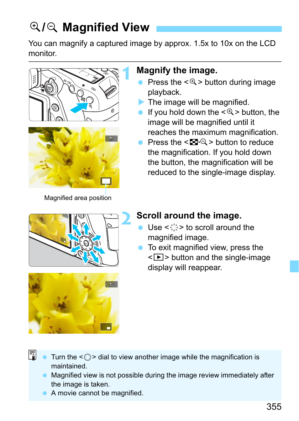 Magnified view, U/ y magnified view | Canon EOS 80D User Manual | Page 355 / 526