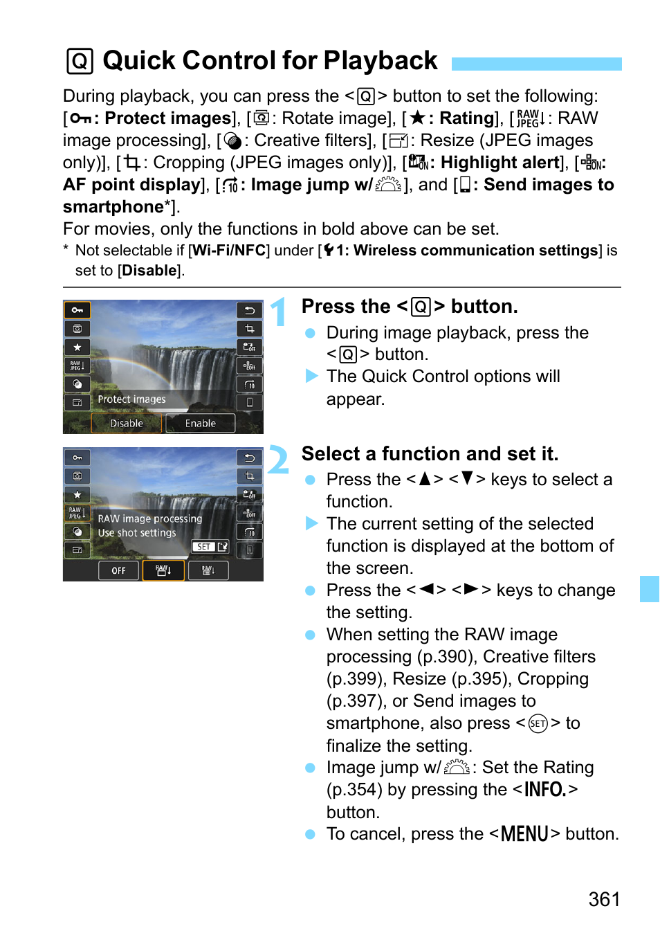 Quick control for playback, Qquick control for playback | Canon EOS 80D User Manual | Page 361 / 526