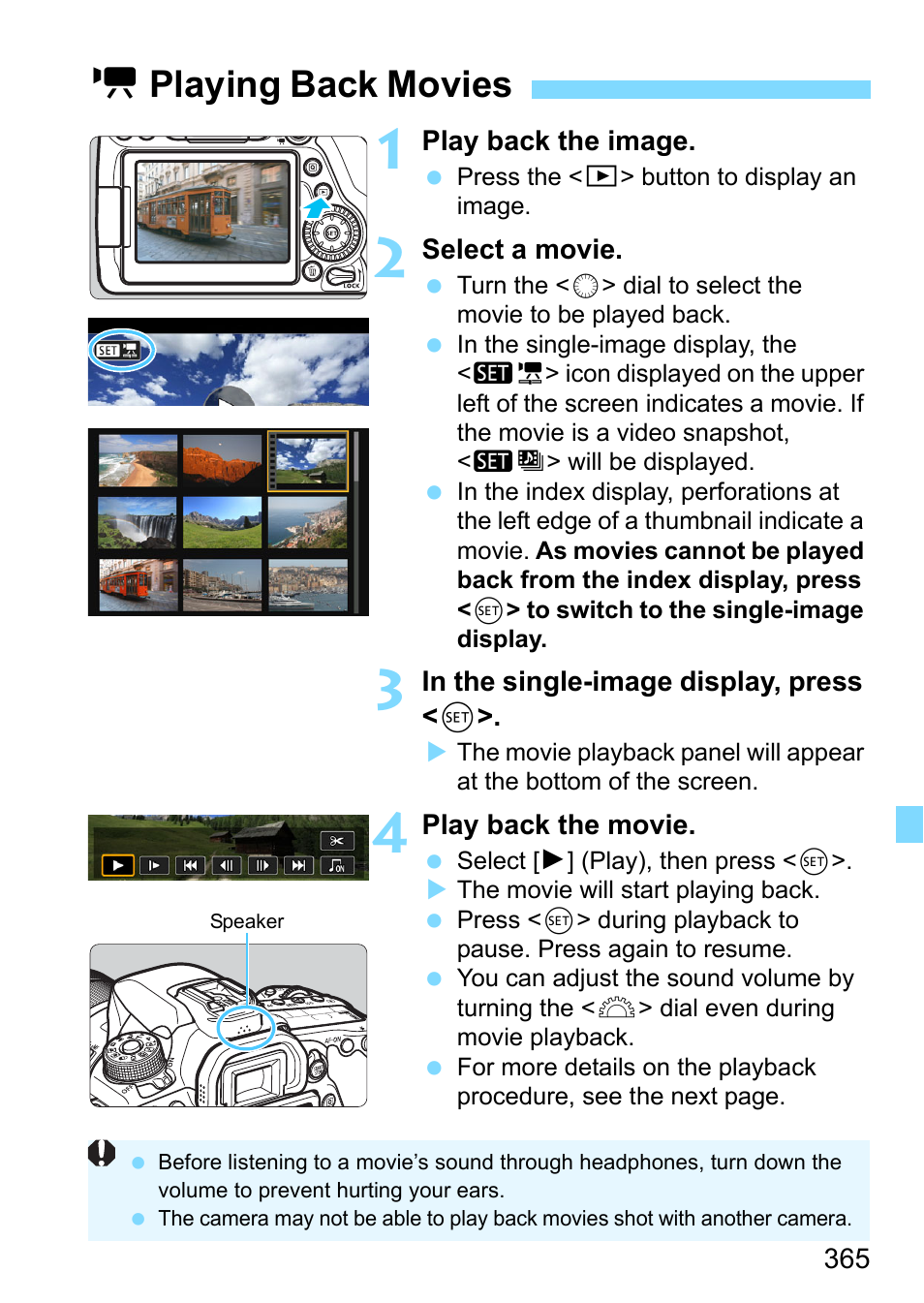 Playing back movies, Peaker (p.365, Kplaying back movies | Canon EOS 80D User Manual | Page 365 / 526