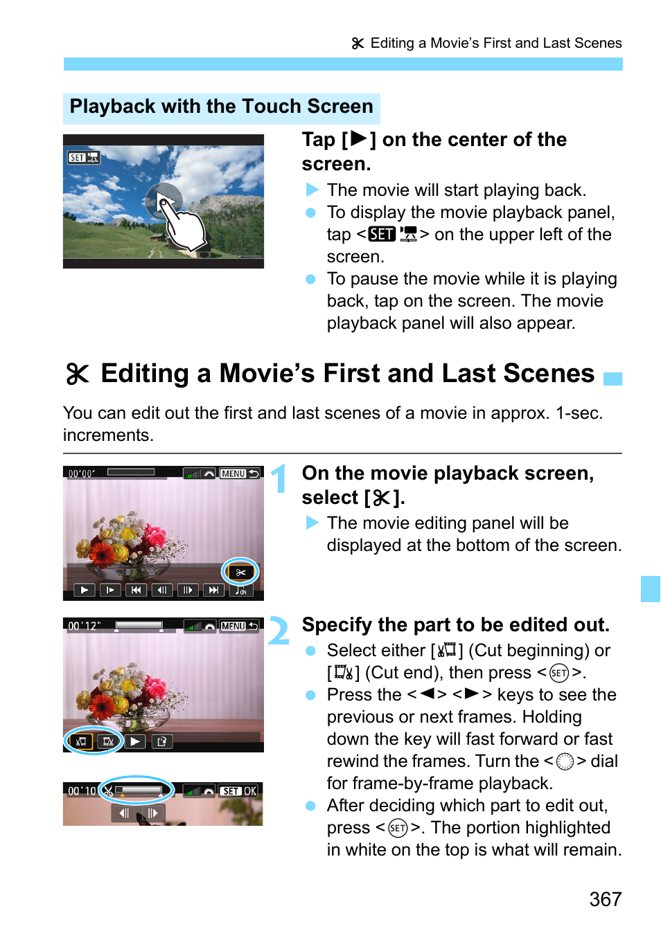 Editing a movie’s first and last scenes, P.367), Xediting a movie’s first and last scenes | Canon EOS 80D User Manual | Page 367 / 526