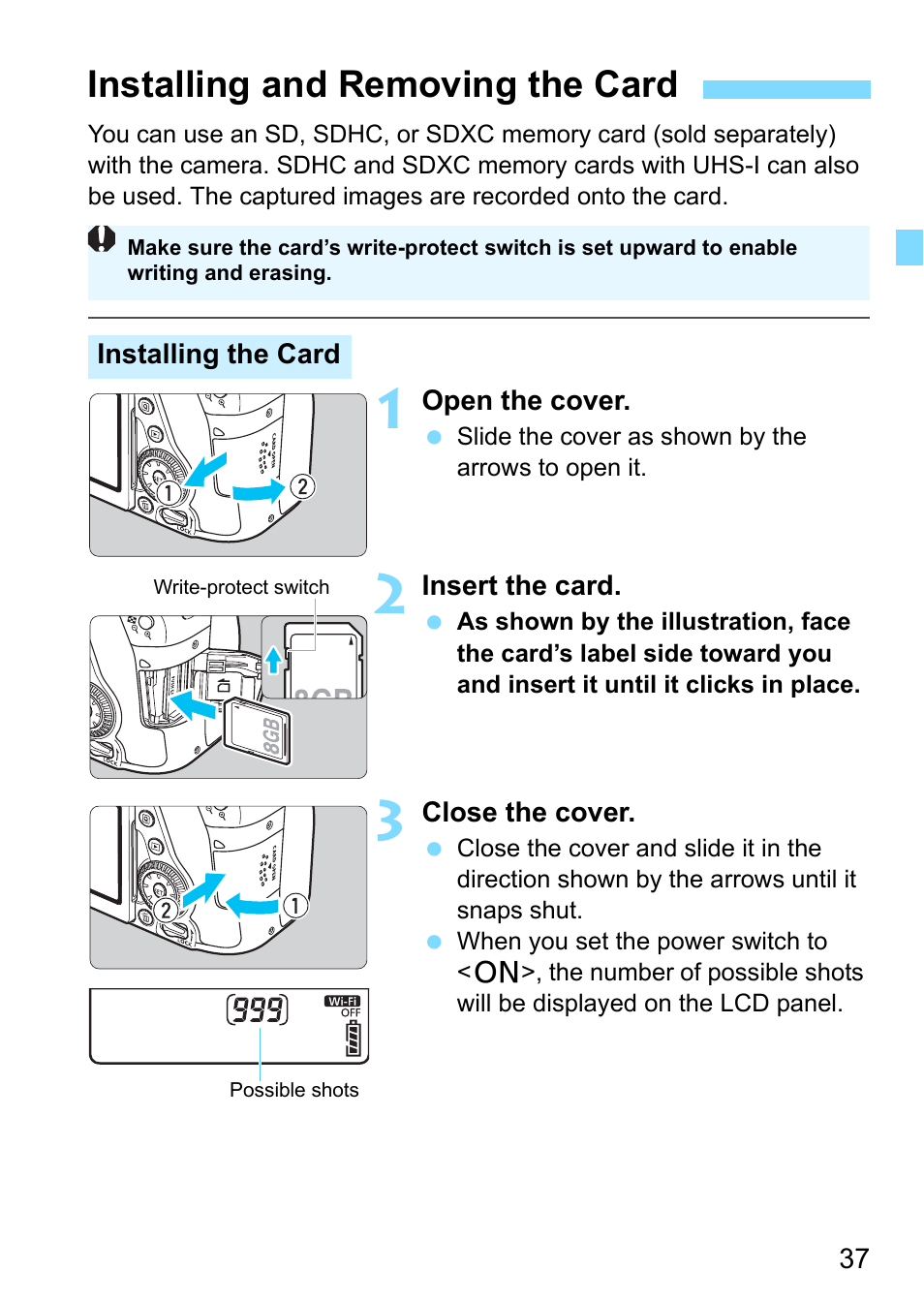 Installing and removing the card, P.37) | Canon EOS 80D User Manual | Page 37 / 526