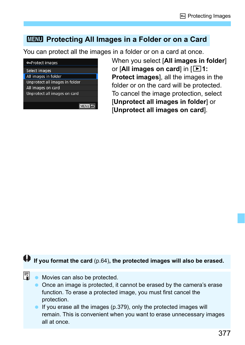 3protecting all images in a folder or on a card | Canon EOS 80D User Manual | Page 377 / 526
