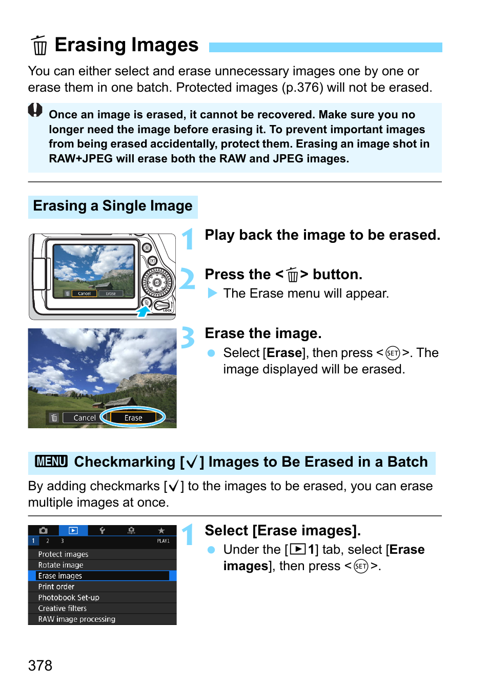 Erasing images, Se button (p.378, Lerasing images | Canon EOS 80D User Manual | Page 378 / 526