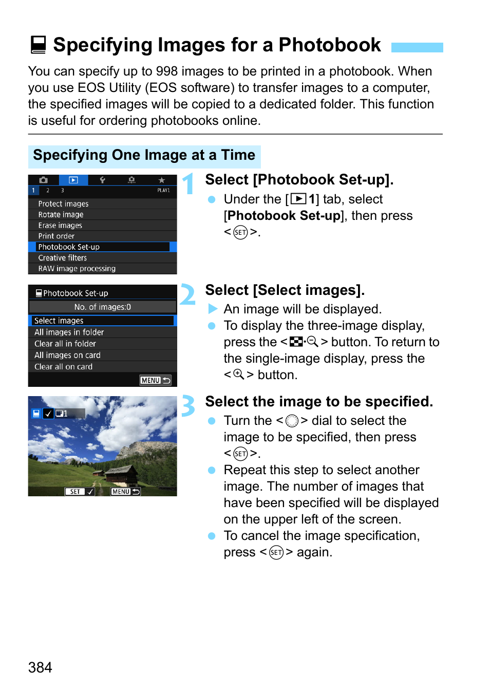 Specifying images for a photobook, Pspecifying images for a photobook | Canon EOS 80D User Manual | Page 384 / 526