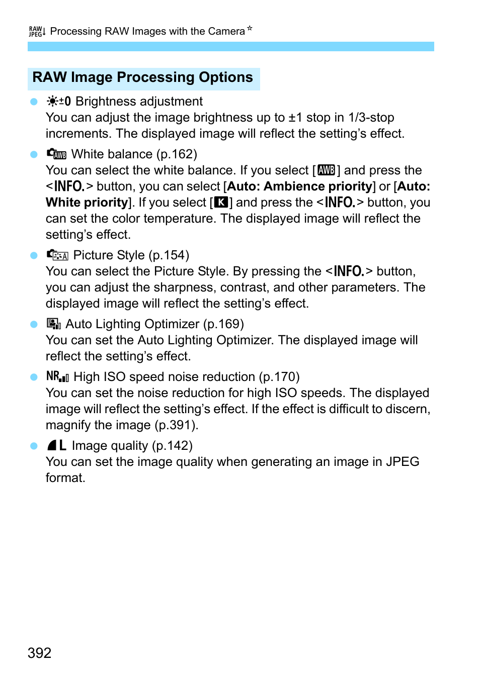Raw image processing options | Canon EOS 80D User Manual | Page 392 / 526