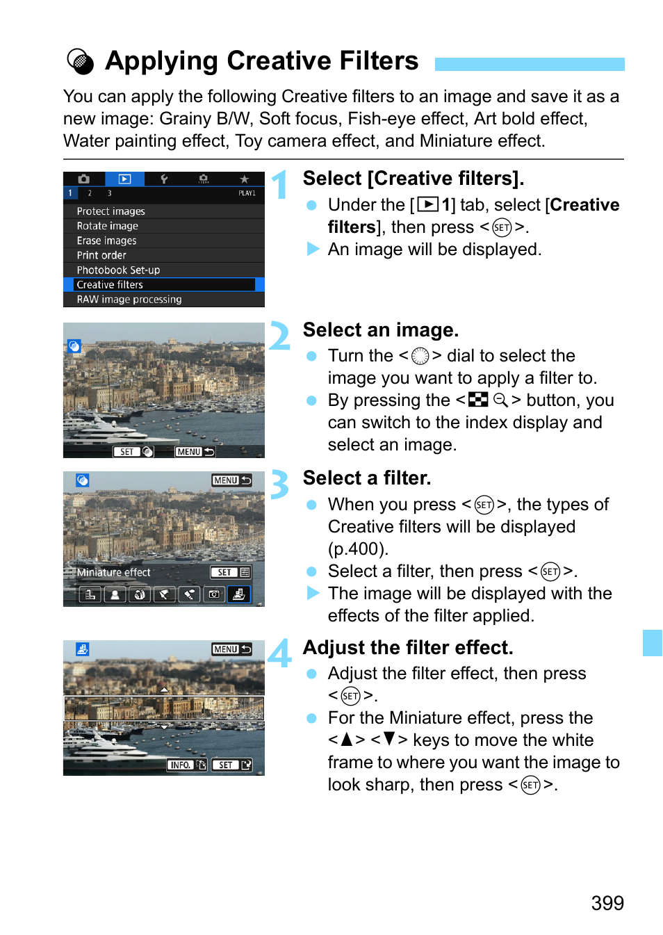 Applying creative filters, P.399, P.399) | Uapplying creative filters | Canon EOS 80D User Manual | Page 399 / 526