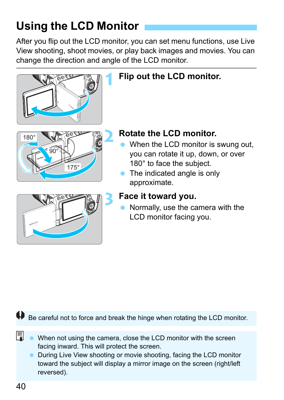 Using the lcd monitor | Canon EOS 80D User Manual | Page 40 / 526