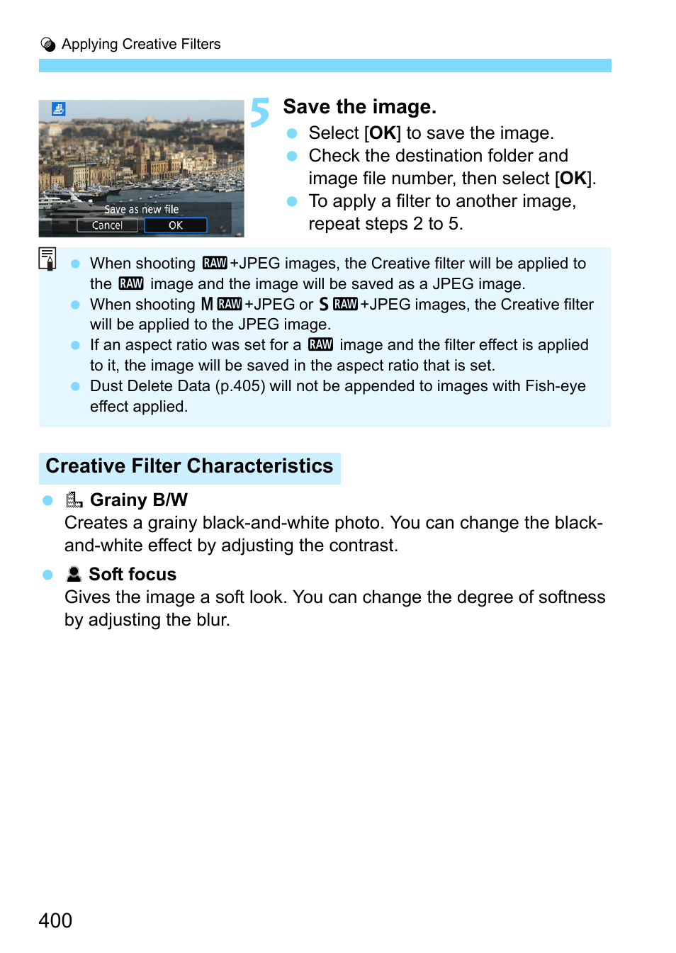 Save the image, Creative filter characteristics | Canon EOS 80D User Manual | Page 400 / 526