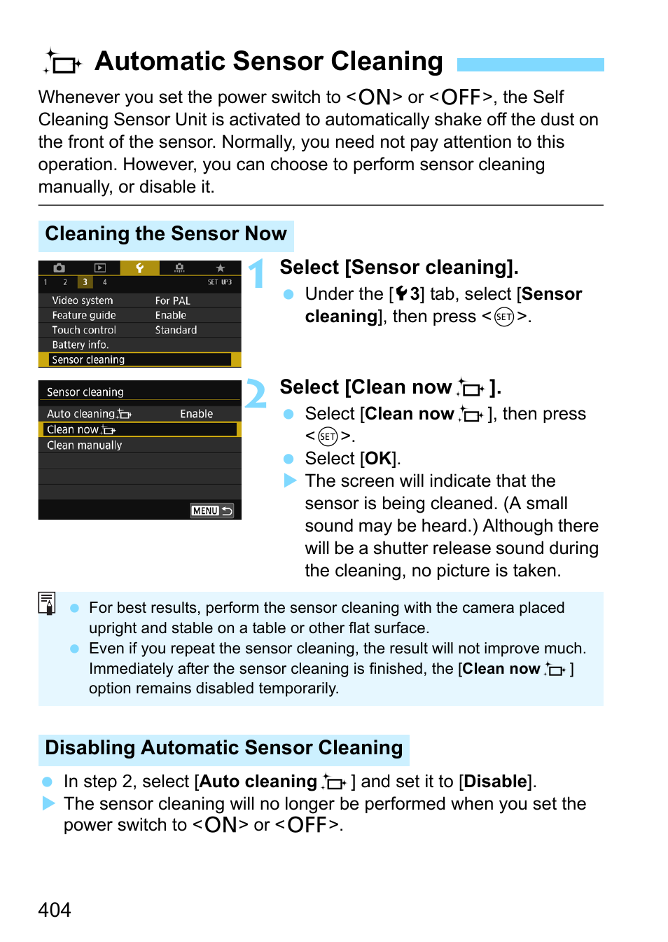 Automatic sensor cleaning, P.404, Fautomatic sensor cleaning | Canon EOS 80D User Manual | Page 404 / 526