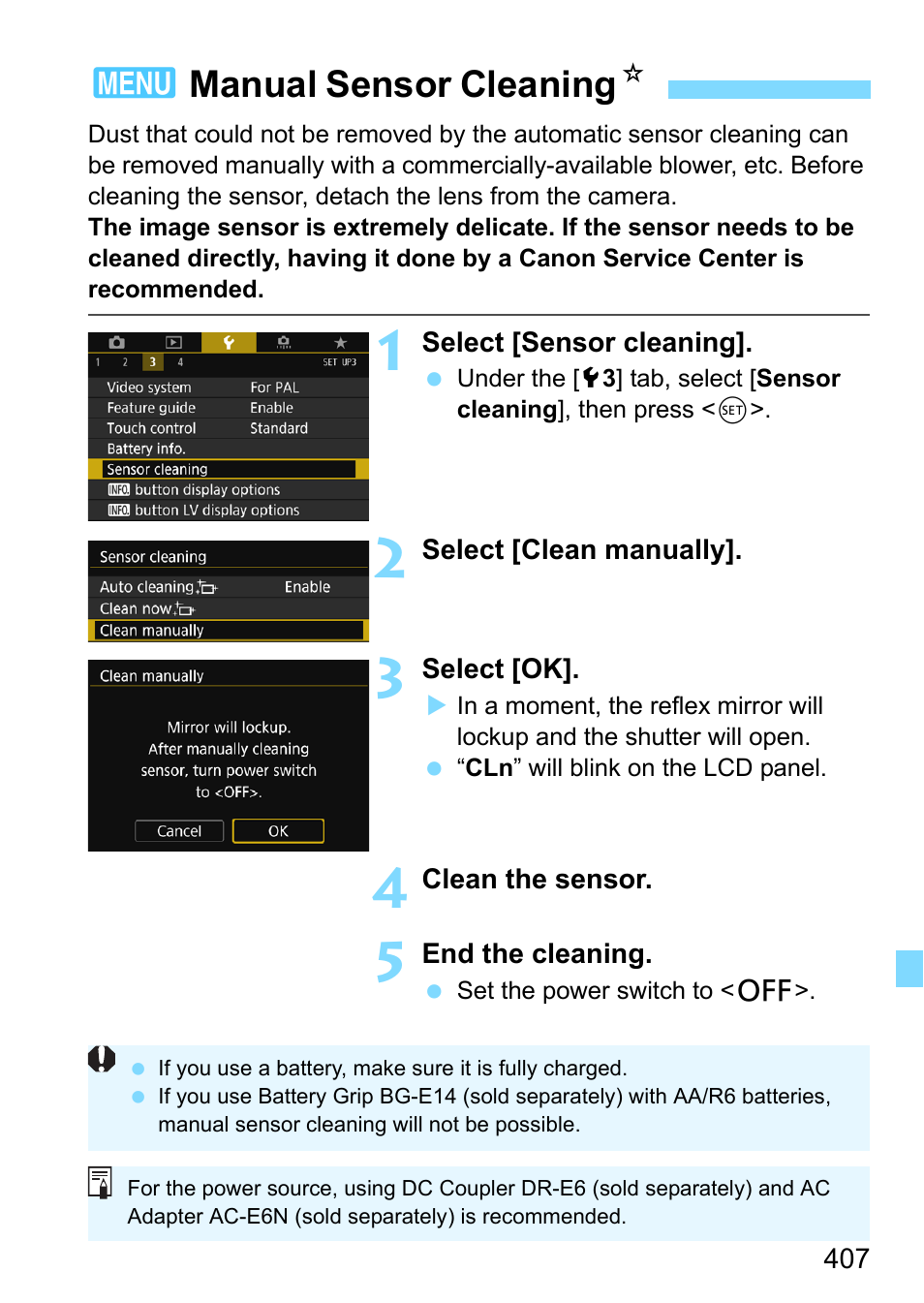 Manual sensor cleaning, 3manual sensor cleaning n | Canon EOS 80D User Manual | Page 407 / 526