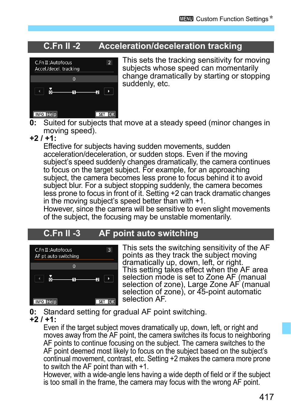 P.417, C.fn ii -2 acceleration/deceleration tracking, C.fn ii -3 af point auto switching | Canon EOS 80D User Manual | Page 417 / 526