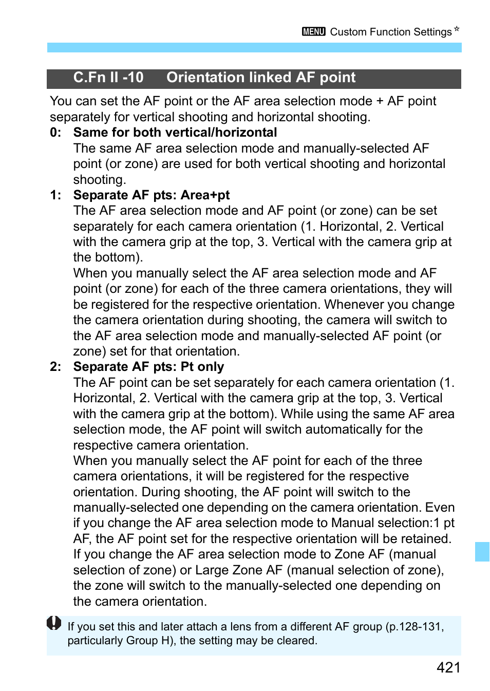 P.421, C.fn ii -10 orientation linked af point | Canon EOS 80D User Manual | Page 421 / 526