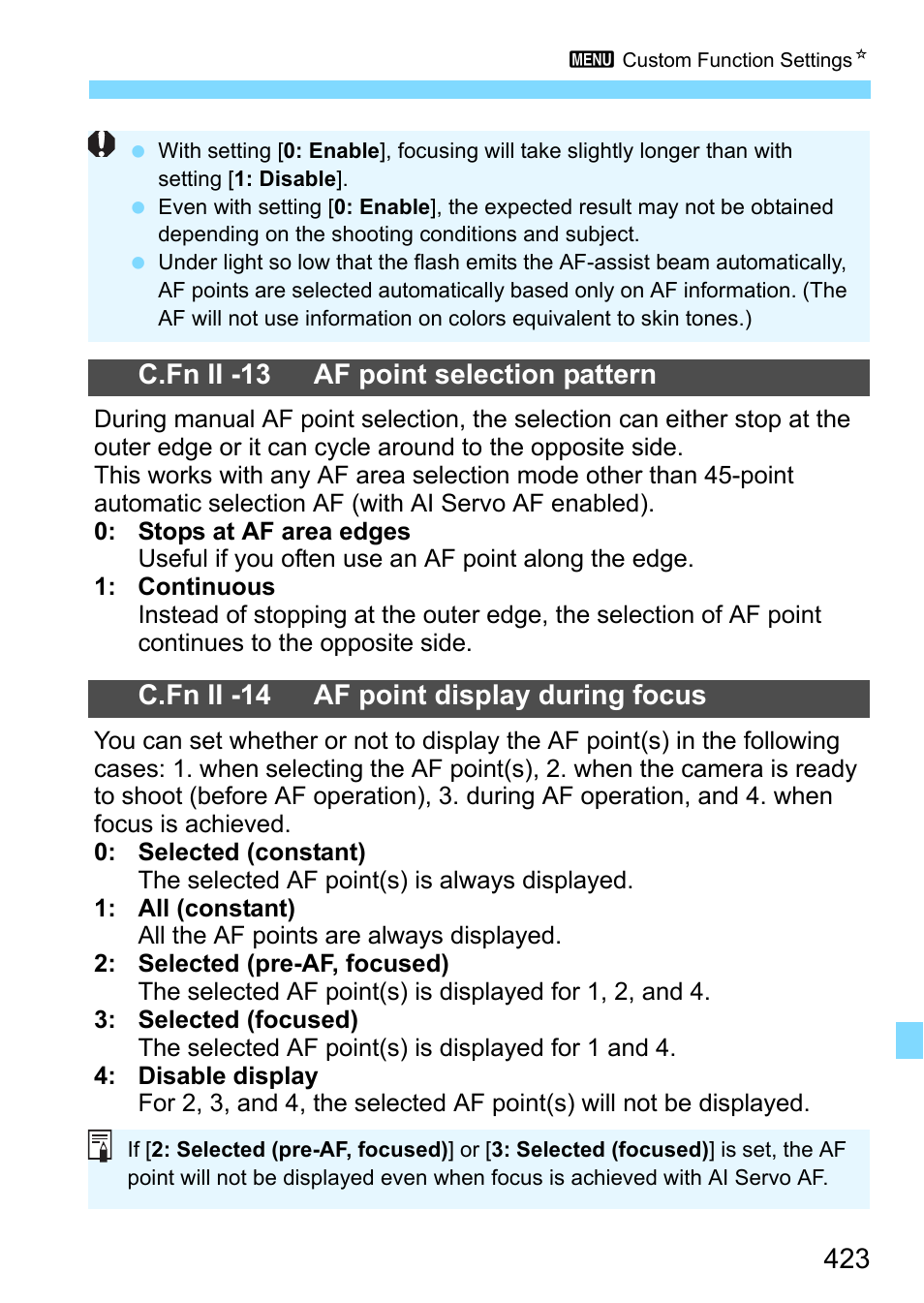 P.423, C.fn ii -13 af point selection pattern, C.fn ii -14 af point display during focus | Canon EOS 80D User Manual | Page 423 / 526