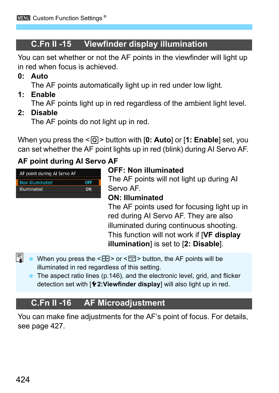 P.424, C.fn ii -16 af microadjustment | Canon EOS 80D User Manual | Page 424 / 526