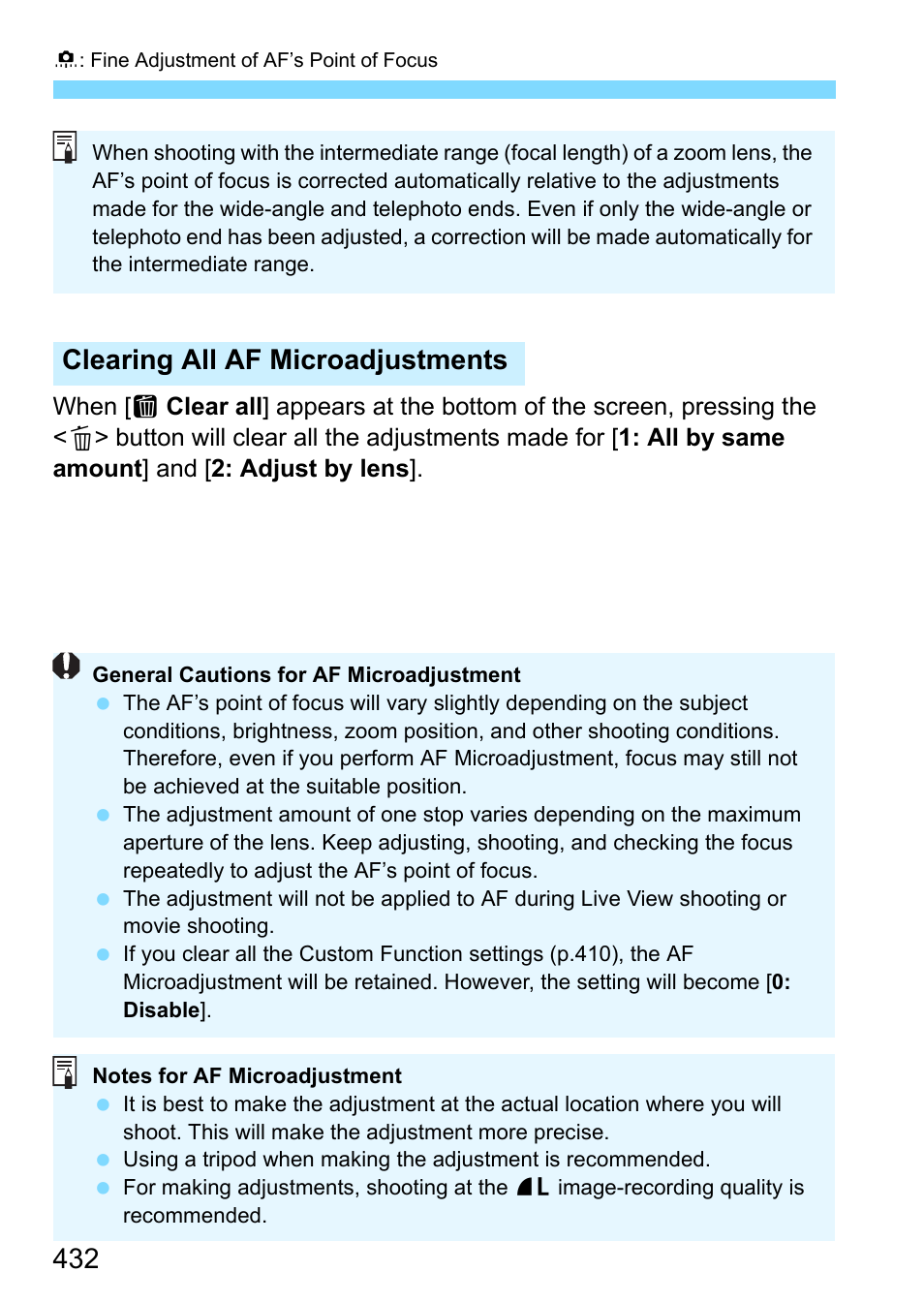 Clearing all af microadjustments | Canon EOS 80D User Manual | Page 432 / 526