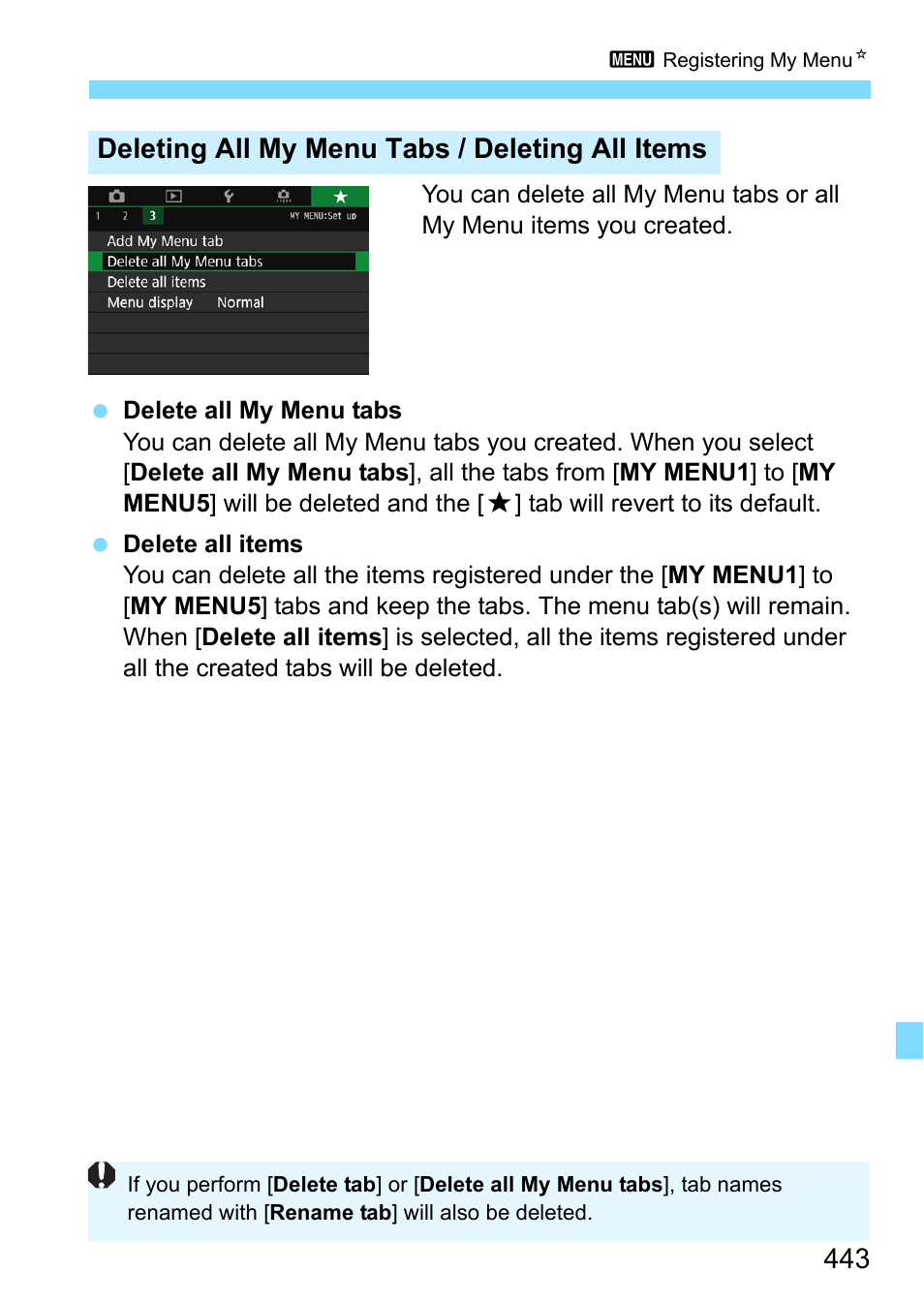 Deleting all my menu tabs / deleting all items | Canon EOS 80D User Manual | Page 443 / 526