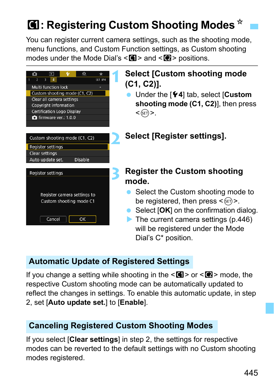 Registering custom shooting modes, P.445, P.445) | W: registering custom shooting modes n | Canon EOS 80D User Manual | Page 445 / 526