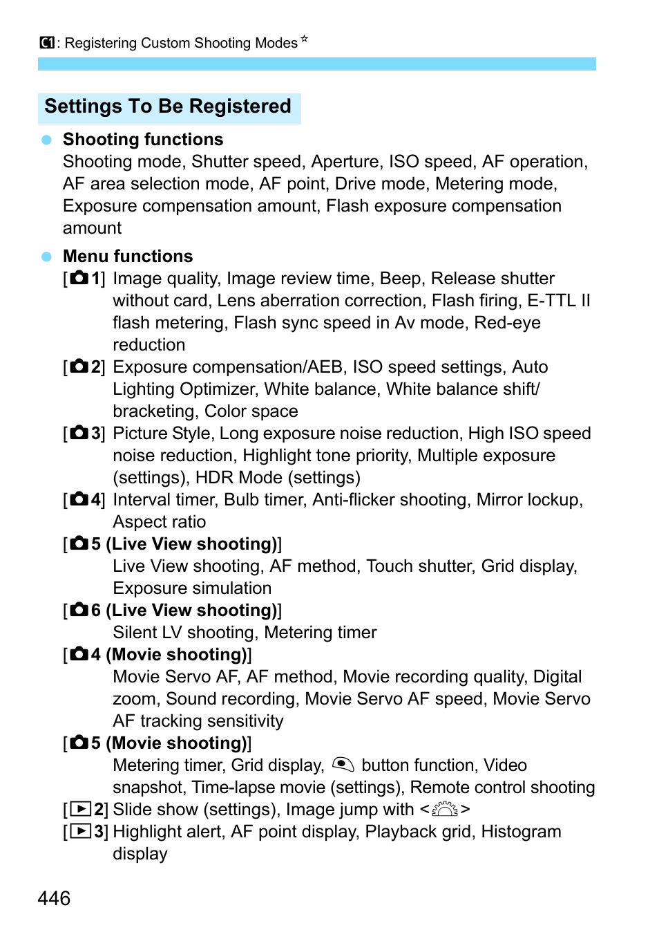 Settings to be registered | Canon EOS 80D User Manual | Page 446 / 526