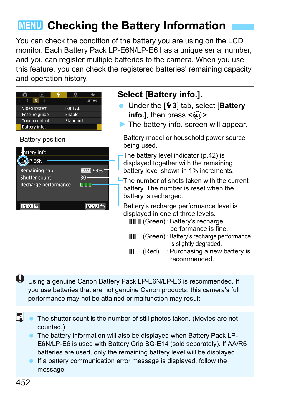 Checking the battery information, 3checking the battery information, Select [battery info | Canon EOS 80D User Manual | Page 452 / 526