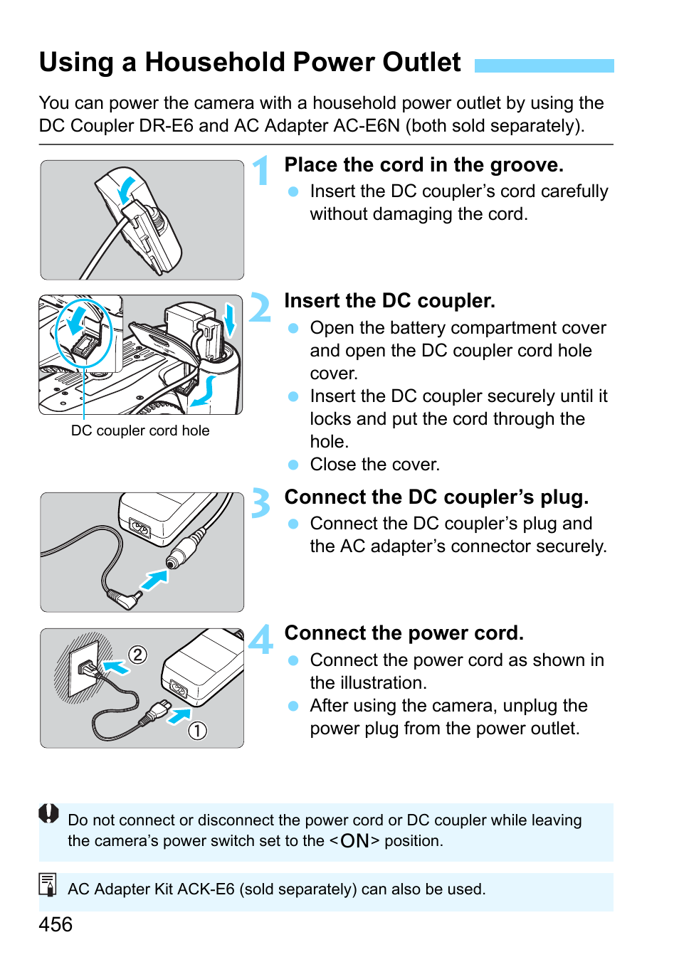 Using a household power outlet, Cord hole (p.456) | Canon EOS 80D User Manual | Page 456 / 526