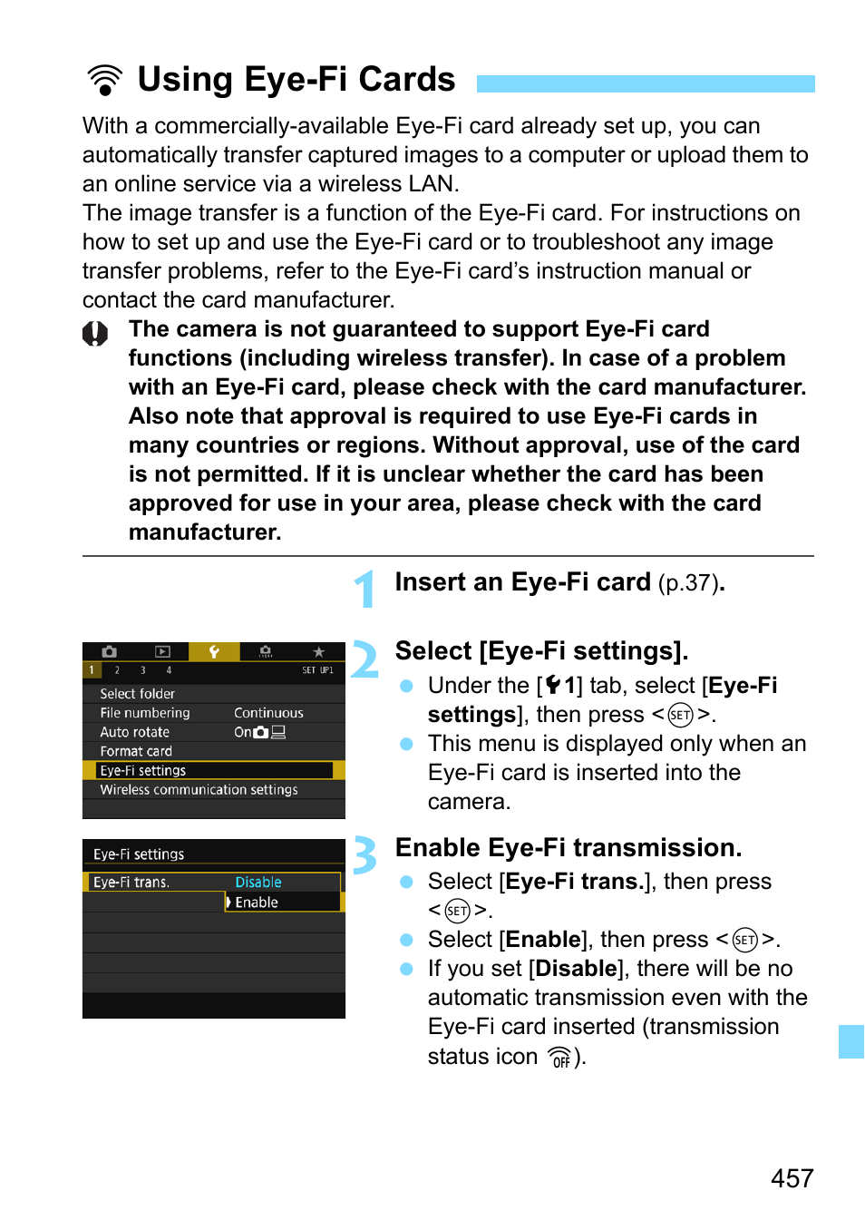 Using eye-fi cards, Husing eye-fi cards | Canon EOS 80D User Manual | Page 457 / 526