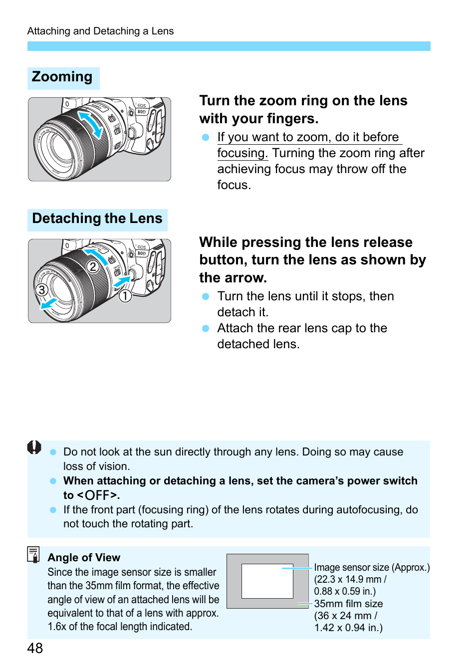 Zooming detaching the lens | Canon EOS 80D User Manual | Page 48 / 526