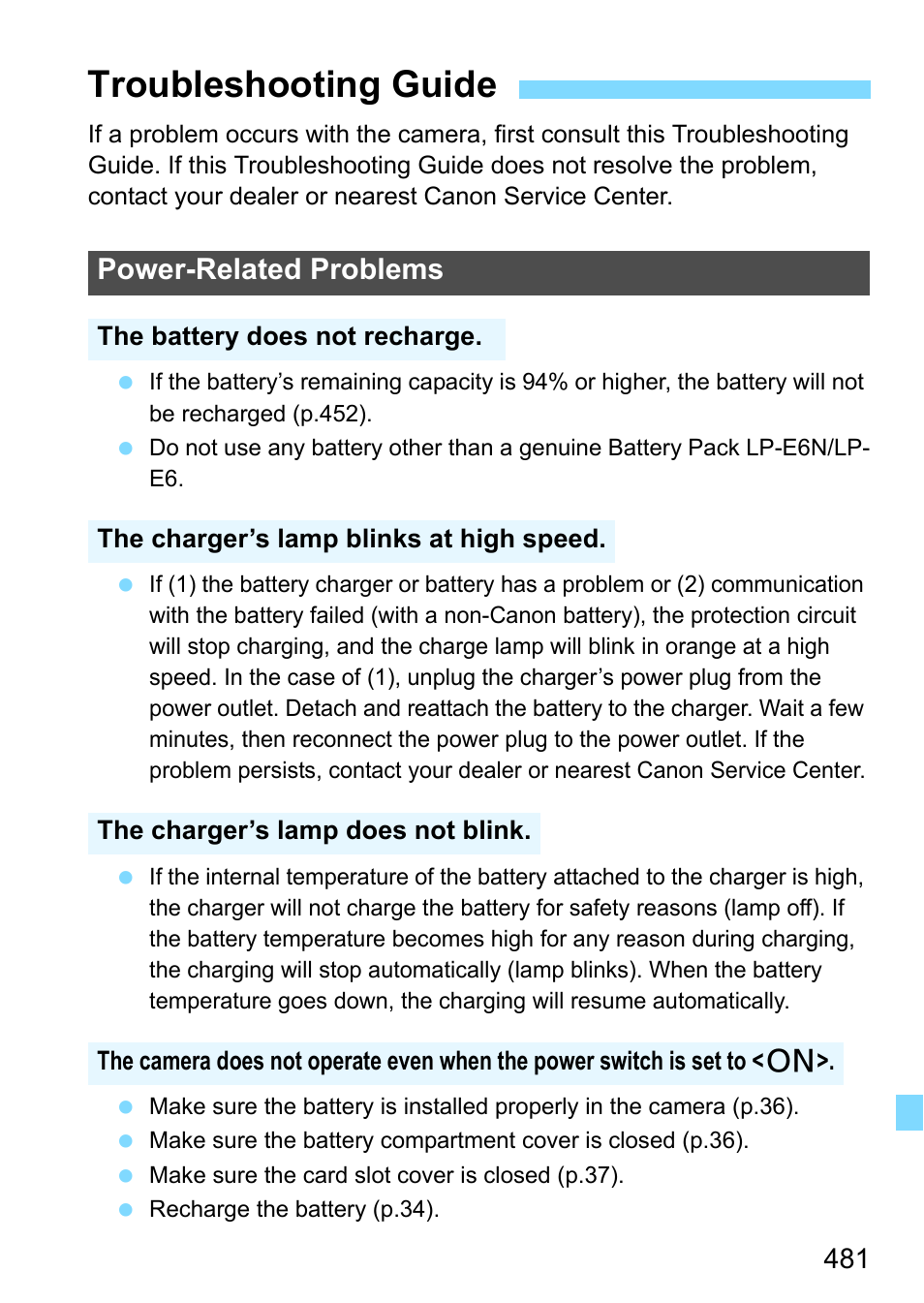 Troubleshooting guide, Power-related problems | Canon EOS 80D User Manual | Page 481 / 526
