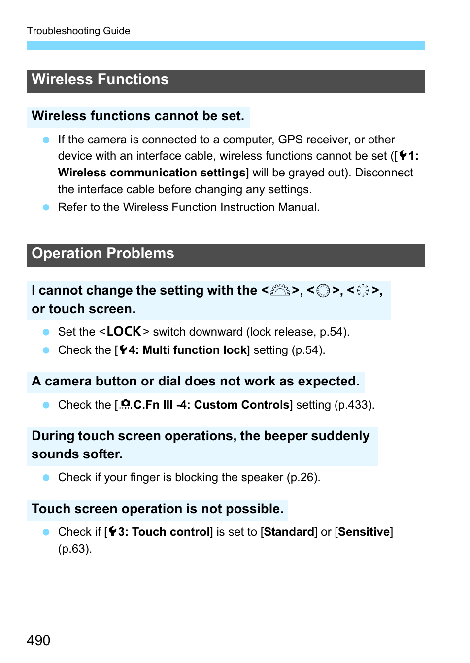 Wireless functions, Operation problems | Canon EOS 80D User Manual | Page 490 / 526