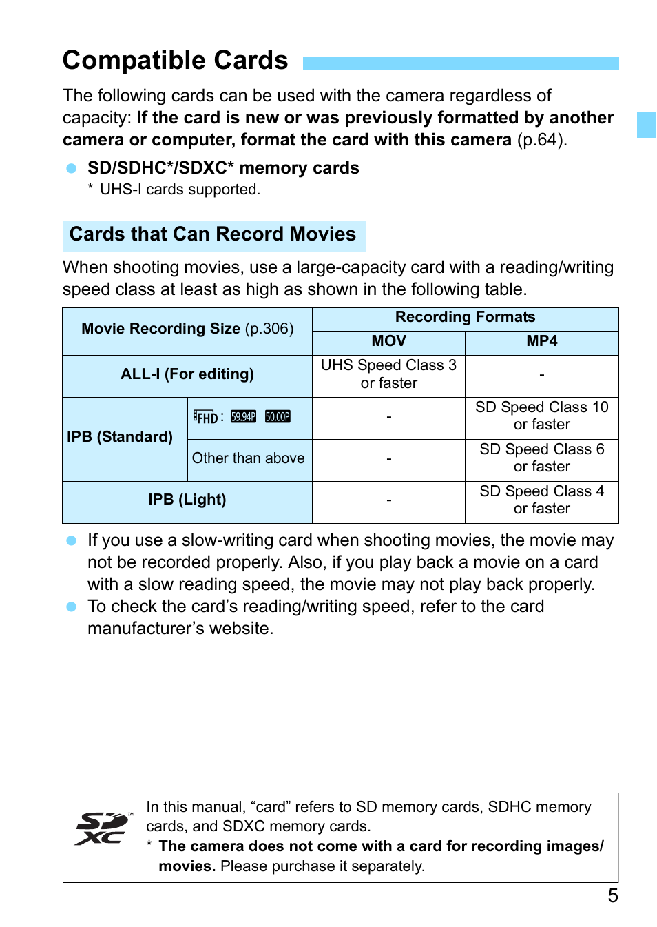 Compatible cards, Cards that can record movies | Canon EOS 80D User Manual | Page 5 / 526