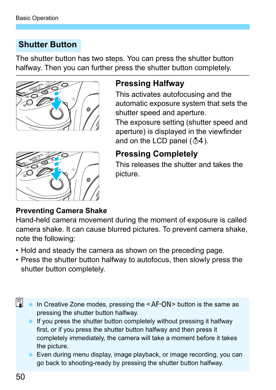 P.50), P.50, P.50, 1 | Pressing halfway, Pressing completely, Shutter button | Canon EOS 80D User Manual | Page 50 / 526