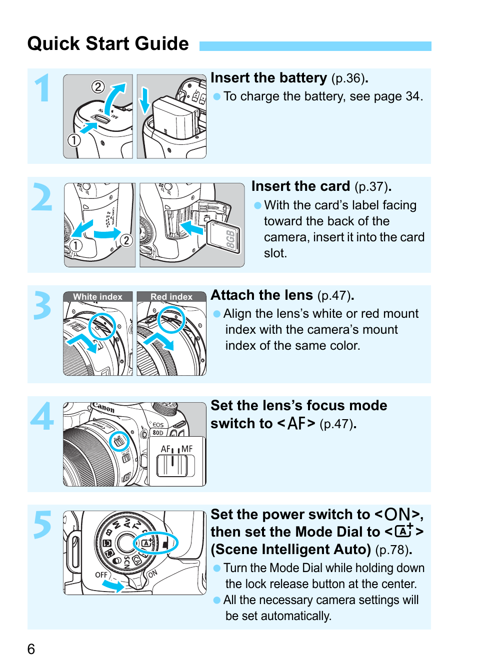 Quick start guide | Canon EOS 80D User Manual | Page 6 / 526